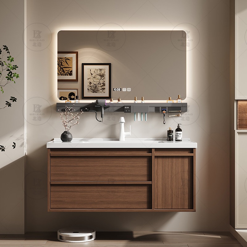 Home Bathroom Partition - Luxury Wooden Cupboard Drawers Mirror Paper
