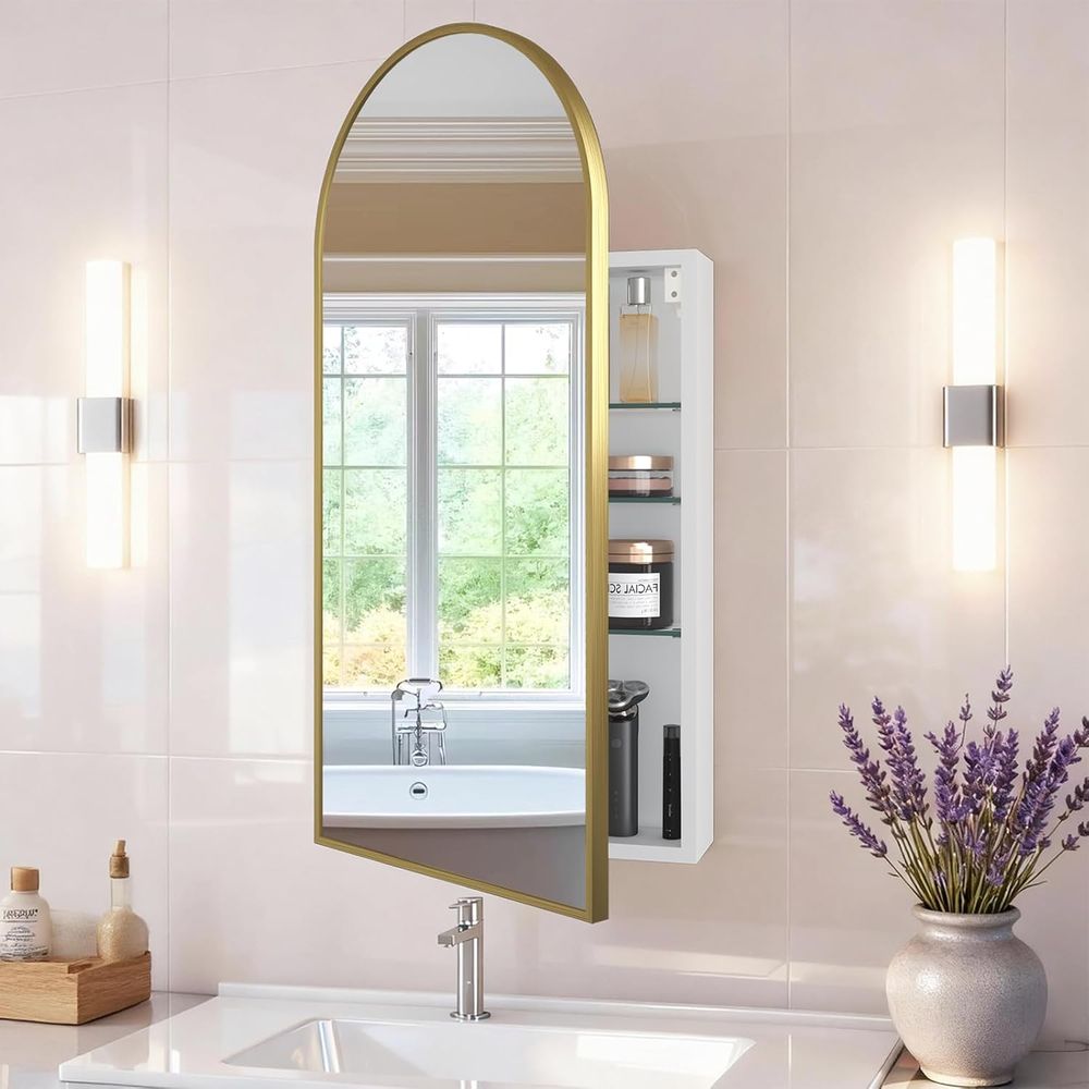 Home Bathroom Mirror - Luxurious Arched Gold Bathroom Medicine Cabinet