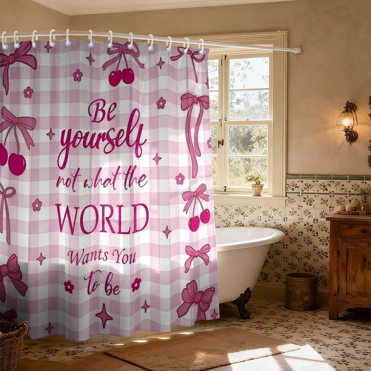 1pc Pink Bow Printed Shower Cu - Home Bathroom Partition review and price