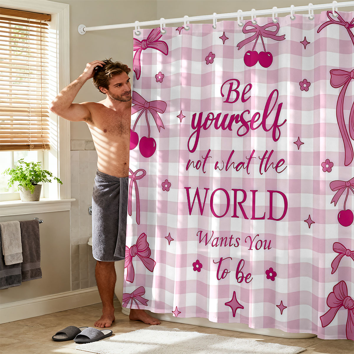 1pc Pink Bow Printed Shower Cu - Home Bathroom Partition review and price