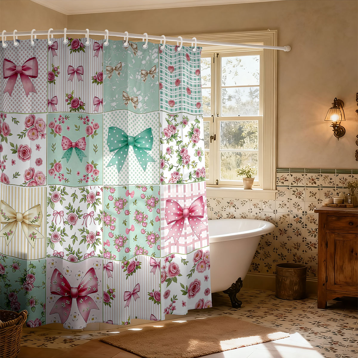 1pc Pink Bow Printed Shower Cu - Home Bathroom Partition review and price